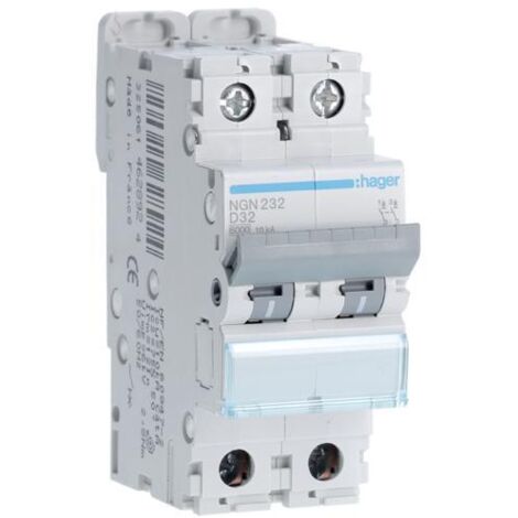 Disjoncteur 2 Pôles 10kA courbe D 32A 2 modules HAGER NGN232