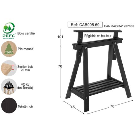 Tréteau d'architecte en pin massif PEFC noir – Réglable 70 à 98,5 cm – Charge maximale 400 kg – Dimensions 70x45 cm – Astigarraga