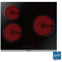 Brandt – Plaque vitrocéramique 3 foyers Quicklight – 1 zone Ø 23 cm – 2,3 kW – 9 niveaux de puissance – 3 minuteries 99 min – Commandes sensitives