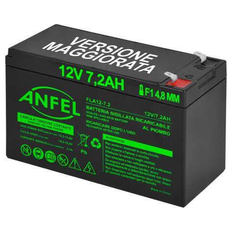 batteria piombo 12v 7,2ah ermetica (VRLA), adatta per UPS Gruppi di Continuita', Videosorveglianza, Sistemi di allarme, mobilita' elettrica, giocattoli, attacco faston F1 4,8mm