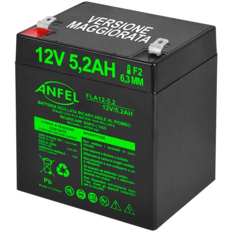 batteria piombo 12v 5,2ah 5ah 4,5ah 4ah ermetica (VRLA), adatta per UPS Gruppi di Continuita', Videosorveglianza, Sistemi di allarme, mobilita' elettrica, giocattoli, attacco faston F2 6.3mm