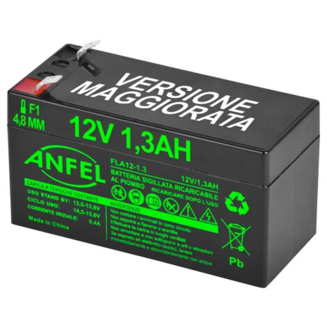 batteria piombo 12v 1,3ah 1,2ah ermetica (VRLA), adatta per UPS Gruppi di Continuita', Videosorveglianza, Sistemi di allarme, mobilita' elettrica, giocattoli, attacco faston F1 4,8mm