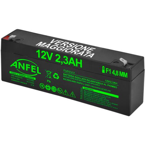 batteria piombo 12v 2,3ah 2ah 2,2ah ermetica (VRLA), adatta per UPS Gruppi di Continuita', Videosorveglianza, Sistemi di allarme, mobilita' elettrica, giocattoli, attacco faston F1 4,8mm