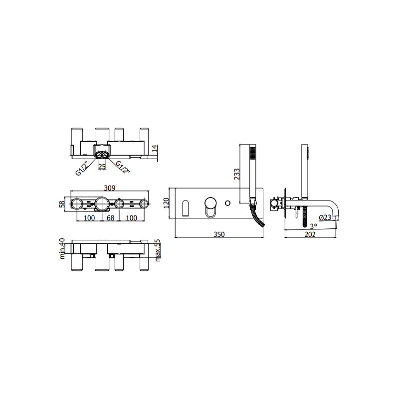 Mitigeur bain-douche mural avec 2 sorties et bec long 202 mm Paffoni Joker  JK001CR