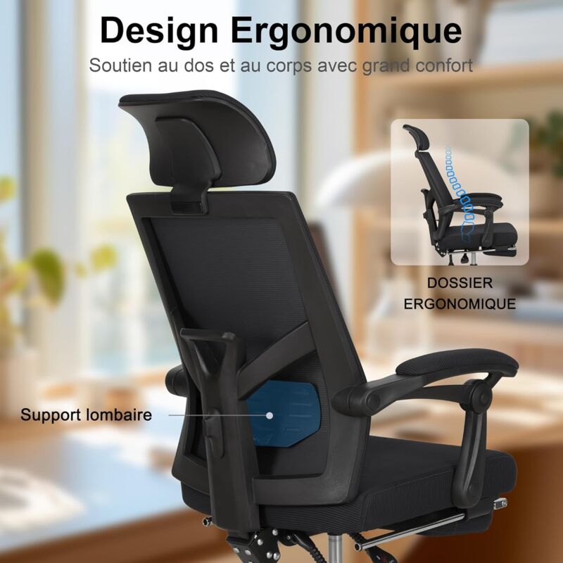 Chaise De Bureau Ergonomique UEV – Accoudoirs Réglables, Support Lombaire, Balancement, Hauteur Ajustable, Maille Respirante - 7