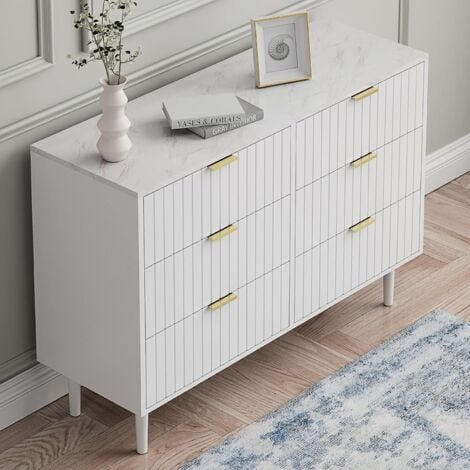UEV Commode Chambre 6 Tiroirs, Plafond Couleur Marbré, Meuble de Rangement, Chambre/Salon 100 x 34 x 73cm, Meuble Tiroir Rangement, Scandinave, Blanc (Plafond Marbré)