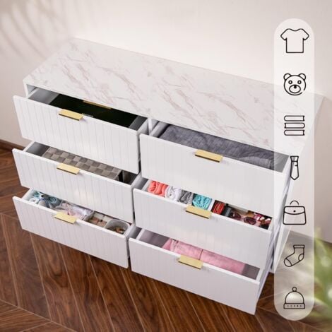 UEV Commode Chambre 6 Tiroirs, Plafond Couleur Marbré, Meuble de Rangement, Chambre/Salon 100 x 34 x 73cm, Meuble Tiroir Rangement, Scandinave, Blanc (Plafond Marbré)