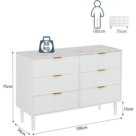 UEV Commode Chambre 6 Tiroirs, Plafond Couleur Marbré, Meuble de Rangement, Chambre/Salon 100 x 34 x 73cm, Meuble Tiroir Rangement, Scandinave, Blanc (Plafond Marbré)