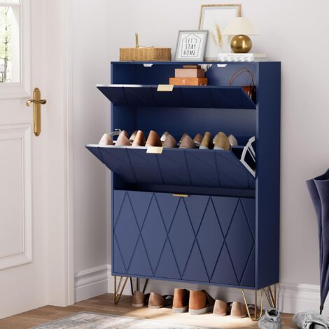 UEV – Armoire à chaussures inclinable pour 16 paires – 3 compartiments – Bois et fer – Bleu marine – 80 x 24 x 120 cm