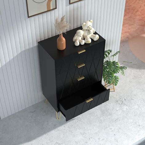 UEV – Commode 4 tiroirs en bois noir – Dimensions 60 x 34 x 91 cm – Style scandinave élégant – Pieds dorés pour un design moderne