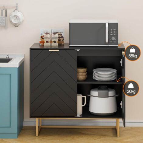 UEV Buffet Bas à 2 Portes, Armoire de Rangement avec Étagère Réglable à 3 Positions, Support 65kg, Manche et Pieds en Métal Couleur Doré, pour Salon, Chambre, Studio, 80 x 40 x 77,5 cm (Noir)