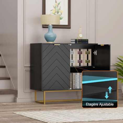 UEV Buffet Bas à 2 Portes, Armoire de Rangement avec Étagère Réglable à 3 Positions, Support 65kg, Manche et Pieds en Métal Couleur Doré, pour Salon, Chambre, Studio, 80 x 40 x 77,5 cm (Noir)