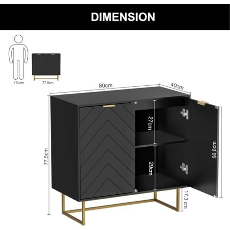 UEV Buffet Bas à 2 Portes, Armoire de Rangement avec Étagère Réglable à 3 Positions, Support 65kg, Manche et Pieds en Métal Couleur Doré, pour Salon, Chambre, Studio, 80 x 40 x 77,5 cm (Noir)
