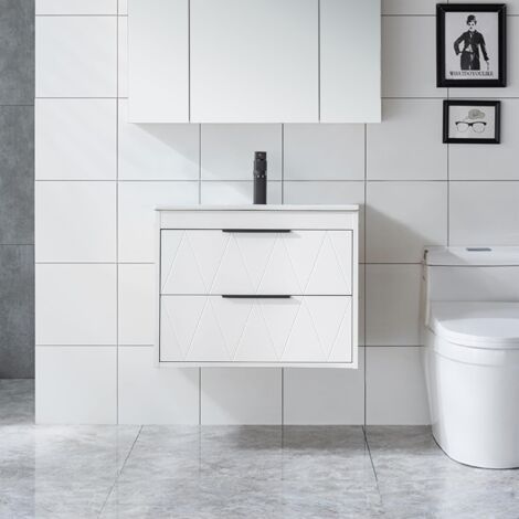 UEV Meuble sous Lavabo Suspendu 60cm, avec Lavabo en Céramique, Robinet, 2 Grands Tiroirs, Meuble Salle de Bain, Motif Ligne, Style Scandinave(Blanc, 60 x 45 x 46 cm)