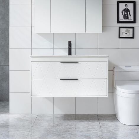 UEV Meuble sous Lavabo Suspendu 90cm, avec Lavabo en Céramique, Robinet, 2 Grands Tiroirs, Meuble Salle de Bain, Motif Ligne, Style Scandinave (Blanc, 90 x 45 x 46 cm)