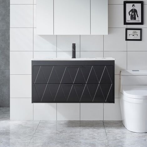 UEV Meuble sous Lavabo Suspendu 90cm, avec Lavabo en Céramique, Robinet, 2 Grands Tiroirs, Meuble Salle de Bain, Motif Ligne, Style Scandinave(Noir, 90 x 45 x 46 cm)