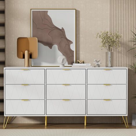 UEV – Commode scandinave 9 tiroirs 150 x 34 x 74 cm – Bois avec poignées et pieds dorés – Rangement pour chambre, salon, bureau