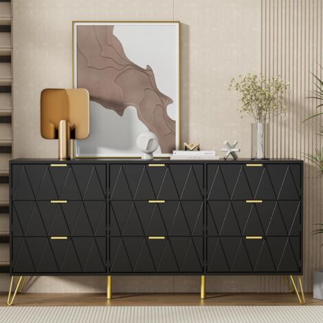 UEV – Commode scandinave 9 tiroirs 150 x 34 x 74 cm – Bois avec poignées et pieds dorés – Rangement pour chambre, salon, bureau – Noir