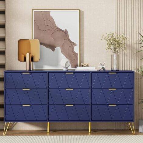 UEV – Commode scandinave 9 tiroirs 150 x 34 x 74 cm – Bois avec poignées et pieds dorés – Rangement pour chambre, salon, bureau – Bleu