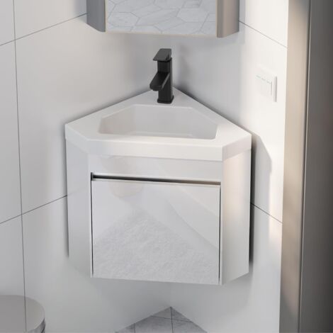 UEV – Meuble lave-mains d’angle suspendu blanc 56 x 30 x 68 cm – Cabinet de rangement avec robinet – Conçu pour petits espaces