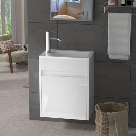 UEV – Meuble sous vasque suspendu 41 cm – Évier en céramique – Robinet chromé – Dimensions 41 x 25 x 67 cm – MDF blanc pour petites salles de bain
