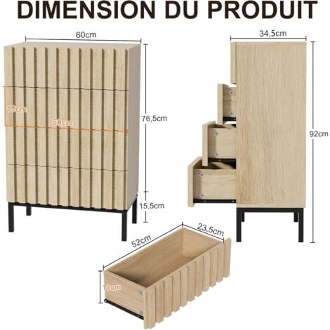 UEV Commode à 4 tiroirs, Commode Étroite avec Grand Espace de Rangement, Armoire avec Plafond Spacieux pour Salon, Chambre à Coucher, Pieds Métal, Motif de Ligne, 60 x 34,5 x 92 cm, Naturel