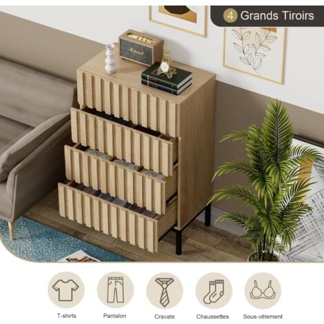 UEV Commode à 4 tiroirs, Commode Étroite avec Grand Espace de Rangement, Armoire avec Plafond Spacieux pour Salon, Chambre à Coucher, Pieds Métal, Motif de Ligne, 60 x 34,5 x 92 cm, Naturel