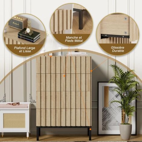 UEV Commode à 4 tiroirs, Commode Étroite avec Grand Espace de Rangement, Armoire avec Plafond Spacieux pour Salon, Chambre à Coucher, Pieds Métal, Motif de Ligne, 60 x 34,5 x 92 cm, Naturel