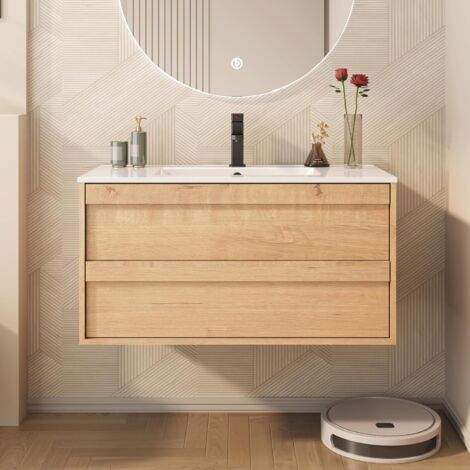 UEV Meuble sous Lavabo Suspendu 90cm, Meuble Salle de Bain avec Lavabo en Céramique, Deux Tiroirs avec Grand Espace de Rangement, Tiroirs avec Système de Fermeture en Douceur, 90 x 45 x 46cm, Naturel