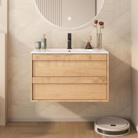 UEV – Meuble sous lavabo suspendu 75cm – Lavabo céramique – 2 tiroirs avec fermeture douce – Bois naturel – Dimensions 75 x 45 x 46 cm