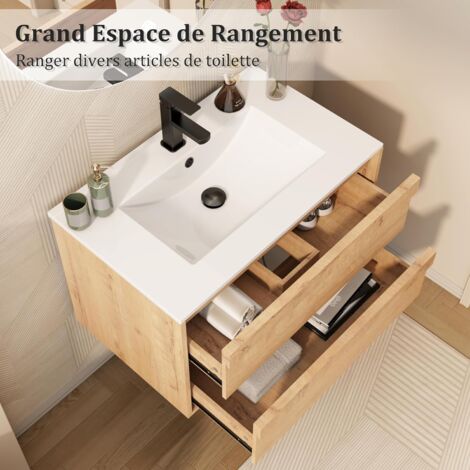 Meuble De Salle De Bain Suspendu 80cm Avec Vasque En Céramique Et Rangement Spacieux - Moderne Et Pratique - 8