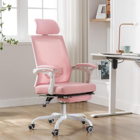 UEV – Chaise de bureau ergonomique avec accoudoirs – Hauteur et appui-tête réglables – Repose-pieds – Capacité 136kg – Maille respirante (rose) (1/5)