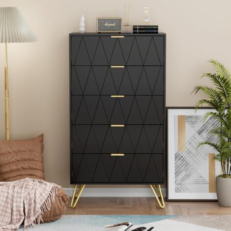 UEV – Commode étroite 5 tiroirs 60 x 34 x 110 cm – MDF noir moderne pour salon, chambre, couloir – Capacité 60 kg, tiroirs 10 kg