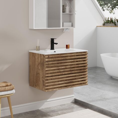 UEV – Meuble lave-mains suspendu avec lavabo céramique 75cm – 2 tiroirs avec fermeture douce – Bois naturel – Dimensions 75 x 45 x 46cm