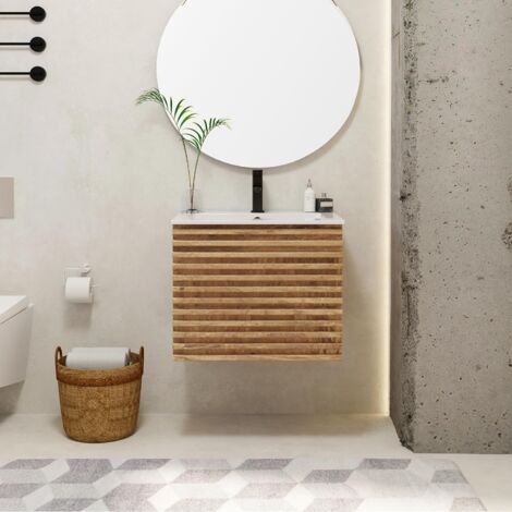 UEV Meuble Salle de Bain, avec Lavabo en Céramique, Lavabo Suspendu 60cm, 2 Tiroirs avec Système de Fermeture en Douceur, Grand Espace de Rangement, 60 x 45 x 46cm, Naturel