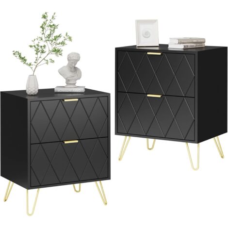 UEV – Lot de 2 tables de chevet scandinaves noires – 2 tiroirs – Panneaux MDF et pieds en acier inoxydable – 40 x 30 x 52 cm