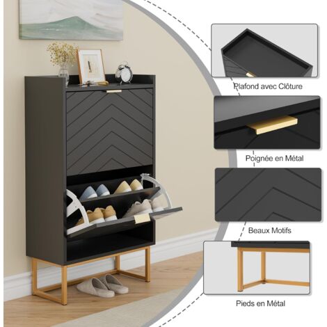 Meuble à Chaussures 4 Abattants Style Art Déco - Dim. 106L X 24l X 102H Cm - Acier Doré MDF Blanc