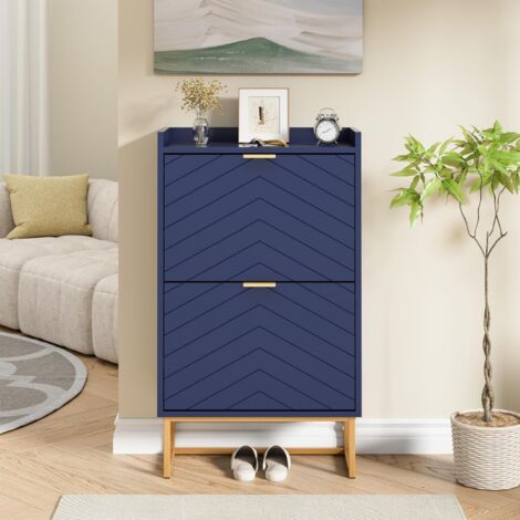 UEV – Armoire à chaussures étroite 50x24x91 cm – 2 abattants – Étagère réglable – Pour couloir ou salon – Bois d'ingénierie et métal – Bleu
