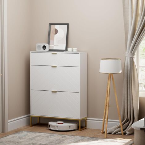 UEV – Armoire à chaussures blanche 80x24x122 cm – 2 rangements et étagère cachée – Bois d'ingénierie et métal – Pour salon ou couloir (1/5)