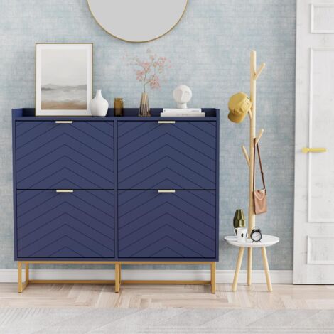 UEV – Armoire à chaussures étroite 100x24x91 cm – 4 abattants – Étagères réglables en 2 positions – Pour couloir et salon – Bois d'ingénierie et métal – Bleu