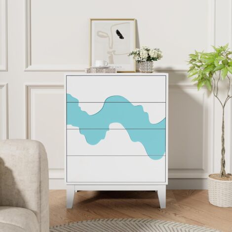 UEV Commode à 4 Tiroirs 60cm, Armoire de Rangement, Grand Espace de Rangement, Motif Vague Irrégulière, pour Chambre à Coucher, Salon, Salle à Manger, 60 x 35 x 82 cm, Blanc