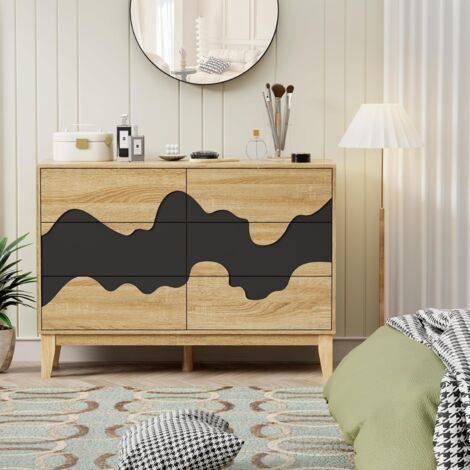 UEV – Commode 6 tiroirs 100 cm – Bois d'ingénierie – Dimensions 100 x 35 x 72 cm – Motif vague irrégulière – Pour chambre, salon, salle à manger