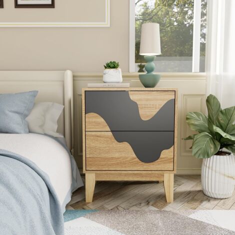 UEV Lot de 2 Tables de Chevet, Table de Nuit avec 2 Tiroirs, Table d'appoint avec Motif Vague Irrégulière, pour Chambre à Coucher, Salon, 45 x 35 x 56 cm, Naturel