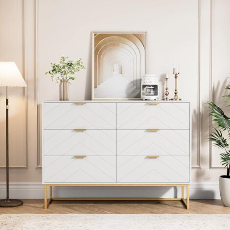 Commode Blanche 6 Tiroirs 120 Cm - Meuble De Rangement Moderne Pour Chambre, Salon, Couloir - Bois Et Métal