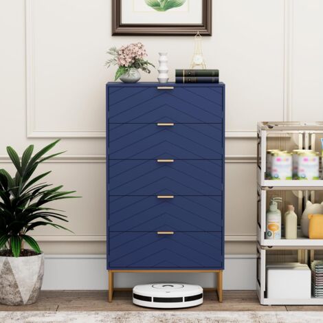 UEV – Commode 5 tiroirs 60x34x110cm – MDF bleu marine – Motif lignes – Style scandinave élégant pour salon, chambre, salle à manger
