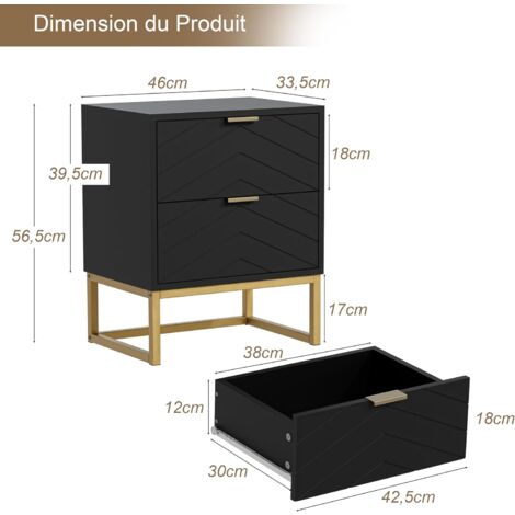 UEV Lot De 2 Tables De Chevet Avec 2 Tiroirs - Pieds Métal, Motif Ligne, Noir - Meuble Salon Chambre
