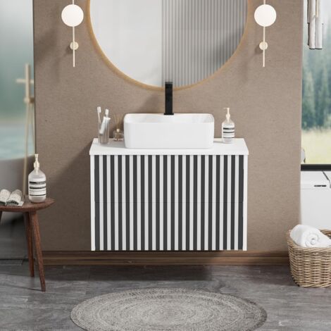 UEV Meuble Salle de Bain, Meuble Suspendu 81cm avec Vasque à Poser, Lavabo en Céramique, Deux Tiroirs avec Grand Espace de Rangement, Motif de Ligne, 81 x 46 x 52 cm, Blanc