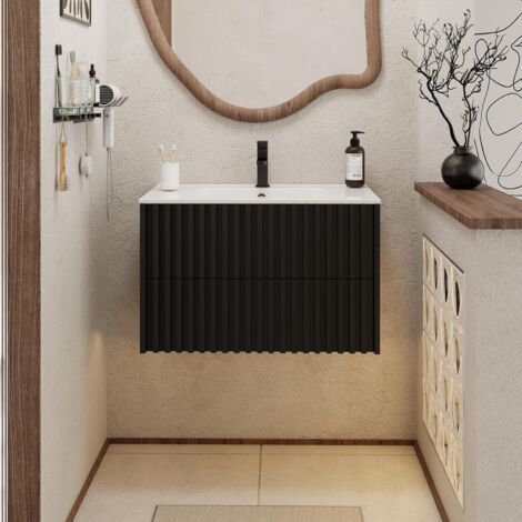 UEV Meuble Salle de Bain 80cm, Meuble Suspendu avec Lavabo en Céramique, Deux Tiroirs avec Grand Espace de Rangement, Poignée Cachée, Motif de Ligne, 80 x 45 x 50cm, Noir