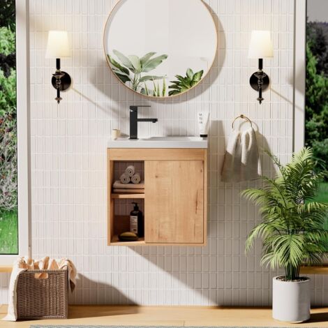 UEV – Meuble lave-mains mural en résine – Espace de rangement caché et ouvert – Dimensions 51 x 30,5 x 54 cm – Motif bois naturel
