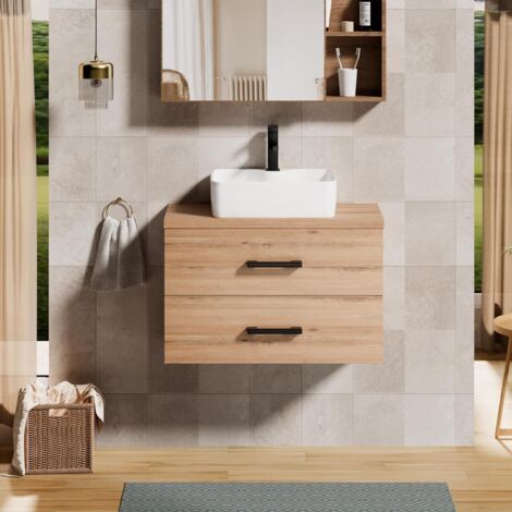 UEV Meuble sous Lavabo Suspendu 80,5cm, Meuble Salle de Bain avec Vasque à Poser, Lavabo en Céramique, Deux Tiroirs avec Grand Espace de Rangement, Poignée en Métal, 80,5 x 40,5 x 53,2cm, Naturel